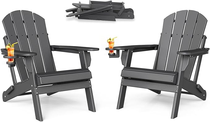 BRIOPAWS Folding-Adirondack-Chairs Set of 2 | HDPE | Fire Pit Chair | Cup Holder | Weather Resistance | Grey | for Outdoor Backyard Deck Patio
