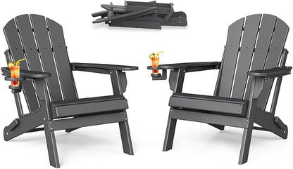 BRIOPAWS Folding-Adirondack-Chairs Set of 2 | HDPE | Fire Pit Chair | Cup Holder | Weather Resistance | Grey | for Outdoor Backyard Deck Patio