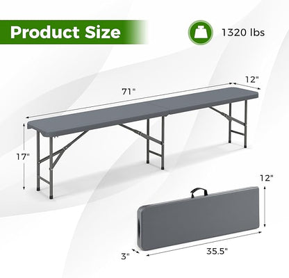 Giantex 6 FT Plastic Folding Bench, HDPE Portable Seat w/Metal Legs, Fold-in-Half Outdoor Bench for Picnic, Garden, Camping, Party Sport Events, 1320 lbs Capacity, No Assembly (2, Gray)