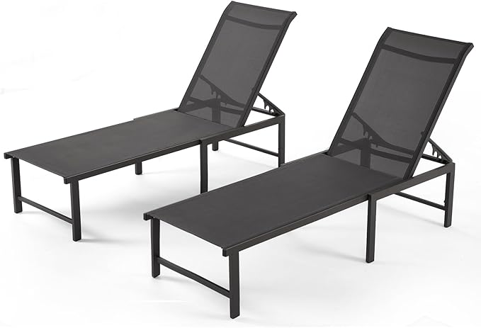 Lounge Chair Outdoor Set of 2, Foldable & Assembly Free Aluminum Chaise Lounge Chair with 5-Position Recliner, Pool Lounge Chairs for Outside Poolside Beach Lawn (Black)