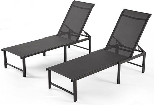 Lounge Chair Outdoor Set of 2, Foldable & Assembly Free Aluminum Chaise Lounge Chair with 5-Position Recliner, Pool Lounge Chairs for Outside Poolside Beach Lawn (Black)