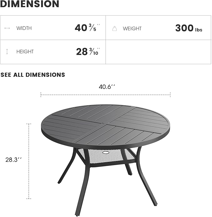 Patio Dining Table for 4, Round Metal Outdoor Table with Storage Shelf, 1.57" Umbrella Hole, 41" Outdoor Quartered Tabletop Dining Table for Backyard, Porch, Lawn, Black