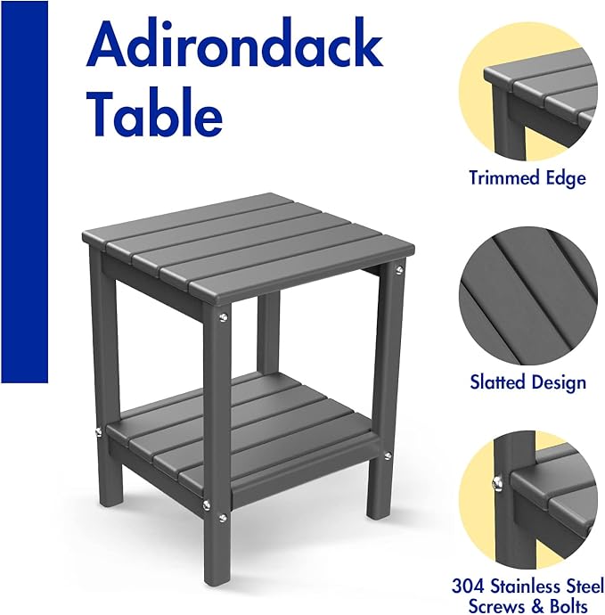 BRIOPAWS Adirondack Side Table, HDPE Weather Resistant Outdoor Table, 2-Shelf Plastic End Table for Poolside Indoor Outside Front Porch Living Room Patio Backyard Campfire, 14 x 13 inch, Grey