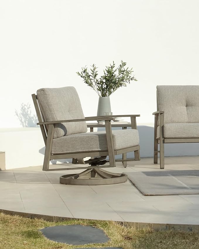 3 Pieces Outdoor Patio Bistro Set, Aluminum Swivel Chairs Patio Furniture Set with Thick Cushions, All Weather Patio Conversation Set with Side Table for Backyard, Balcony, Lawn, Limed Oak