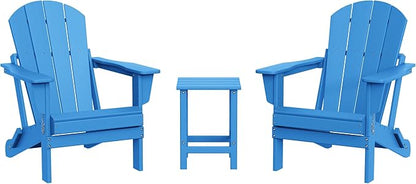 WestinTrends Malibu 3-Pieces Adirondack Chairs Set with Side Table, All Weather Outdoor Seating Plastic Patio Lawn Chair Folding for Outside Porch Deck Backyard, Pacific Blue