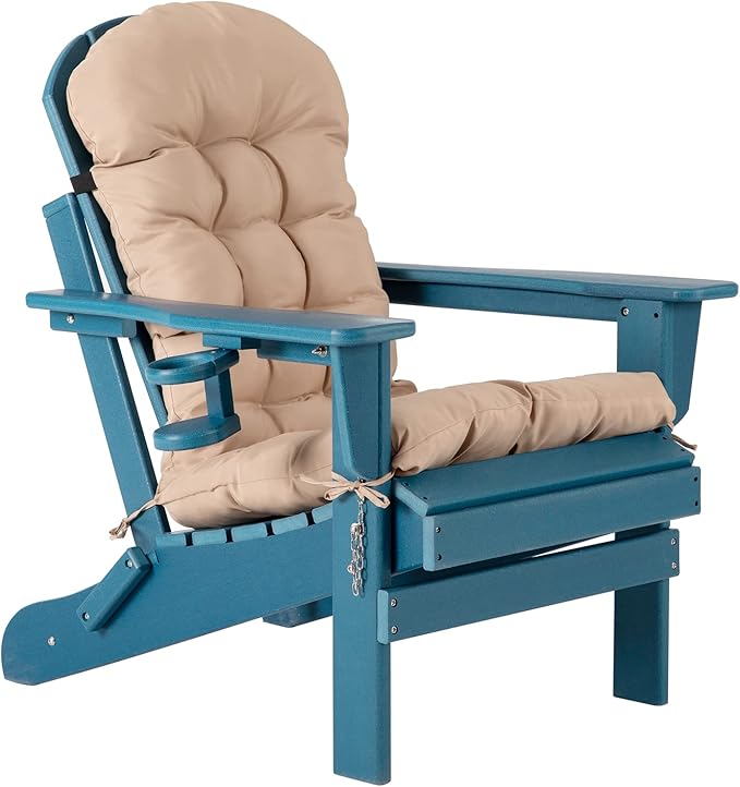 Oversized Adirondack Chair with Cushion & Cup Holders, HDPE Weather Resistant Folding Adirondack Chair for Adults, Outdoor Fire Pit Chairs for Patio/Porch/Swimming Pool/Garden (1, Blue)
