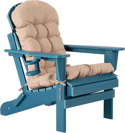 Oversized Adirondack Chair with Cushion & Cup Holders, HDPE Weather Resistant Folding Adirondack Chair for Adults, Outdoor Fire Pit Chairs for Patio/Porch/Swimming Pool/Garden (1, Blue)