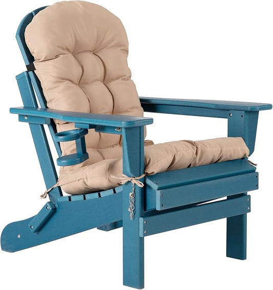 Oversized Adirondack Chair with Cushion & Cup Holders, HDPE Weather Resistant Folding Adirondack Chair for Adults, Outdoor Fire Pit Chairs for Patio/Porch/Swimming Pool/Garden (1, Blue)