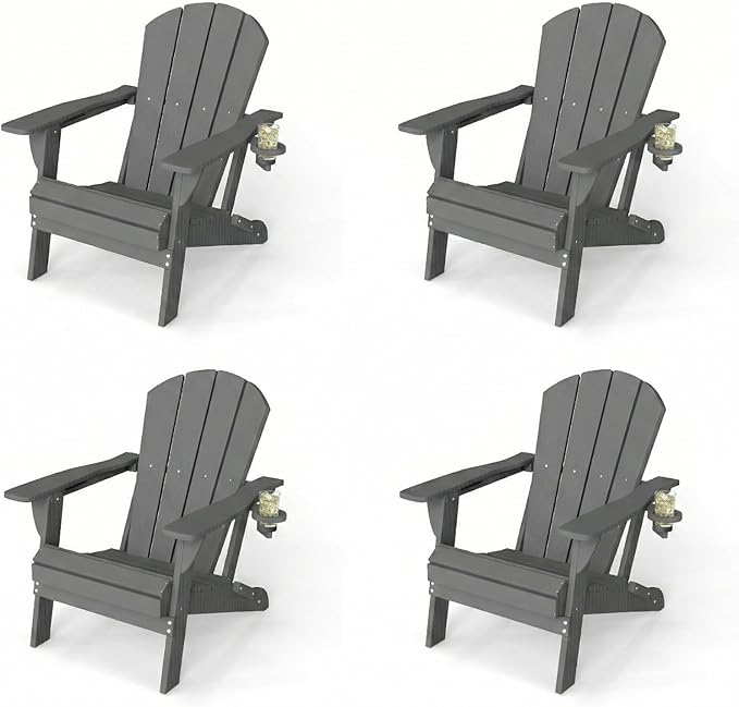 Kingdura Folding Adirondack Chairs Set of 4, Portable HDPE Outdoor Patio Chair with Wooden Textured & Cup Holder, Weather Resistant, 380LBS Capacity for Pool, Backyard, Balcony, Fire Pit (Grey)
