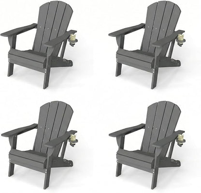 Kingdura Folding Adirondack Chairs Set of 4, Portable HDPE Outdoor Patio Chair with Wooden Textured & Cup Holder, Weather Resistant, 380LBS Capacity for Pool, Backyard, Balcony, Fire Pit (Grey)