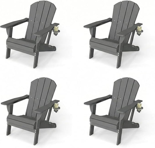 Kingdura Folding Adirondack Chairs Set of 4, Portable HDPE Outdoor Patio Chair with Wooden Textured & Cup Holder, Weather Resistant, 380LBS Capacity for Pool, Backyard, Balcony, Fire Pit (Grey)