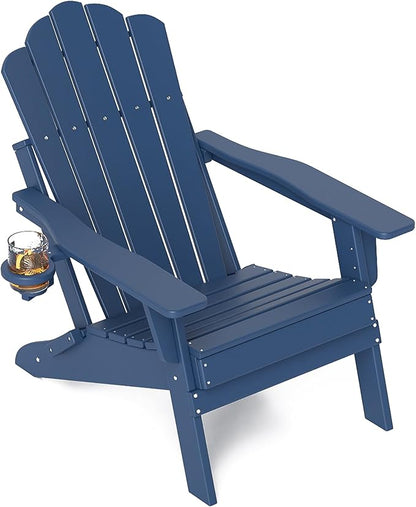 FOOWIN HDPE Adjustable Adirondack Chair, 400lbs Heavy Duty Folding Patio Chair with Cup Holder, 3-Position Reclining Fire Pit Seating, All-Weather Poly Lumber for Backyard, Deck - Navy Blue