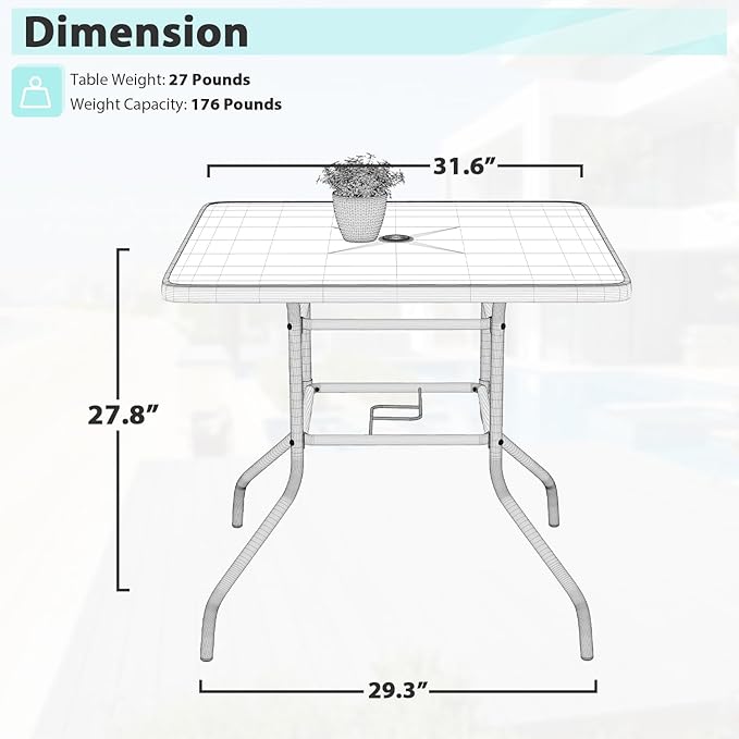 MKDLUFEI 32 Inch Umbrella Table with Hole, Outdoor Square Patio Table with Tempered Glass Top, for Balcony, Backyard - Photo 3