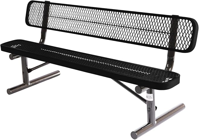 COATEDOUTDOORFURNITURE Heavy-Duty Portable Outdoor Bench Thermoplastic Coated, Expanded Metal, Commercial-Grade Seating, Made in America (Portable with Back, 6 Ft, Textured Black)
