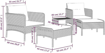 vidaXL Patio Lounge Set with Cushions - Brown Poly Rattan Garden Furniture, Metal Frame, White Cushion, Includes Stool and Coffee Table, for Gardens and Terraces