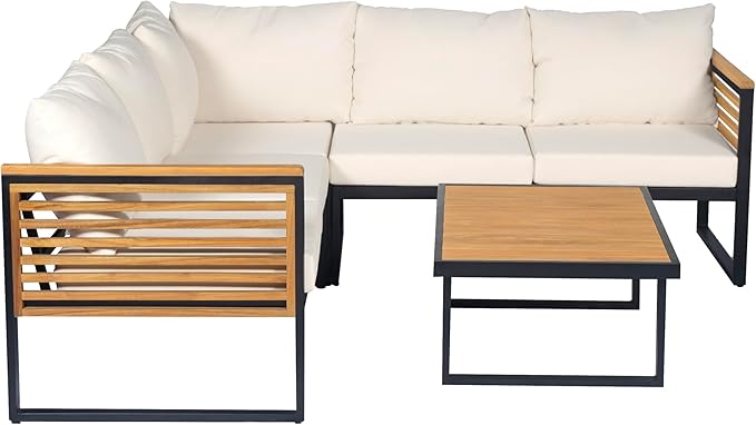 Industrial Acacia Wood Outdoor Sectional Corner Sofa Set with Cushions and Center Table - Patio Garden Balcony - Photo 4