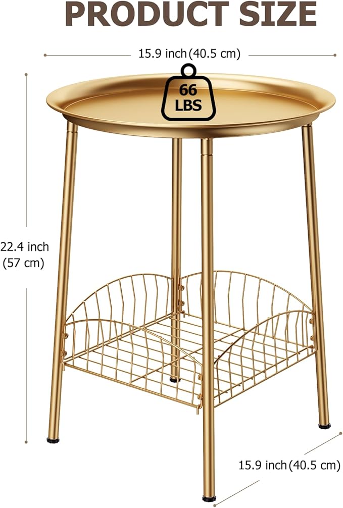 Small Outdoor Side Table, 2-Tier Round Metal Patio Table, Accent Table Waterproof, Weather Resistant End Table for Yard Porch Pool Balcony Garden Bedside (Gold)