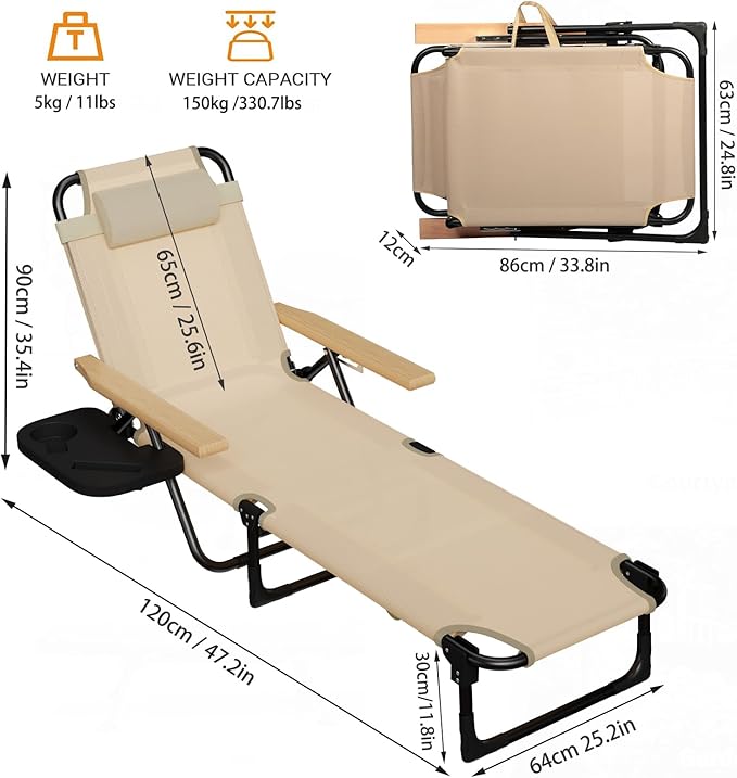 Foldable Chaise Lounge Chair Outdoor, 4-Position Reclining Outdoor Lounge Chairs with Wooden Armrest - Photo 3