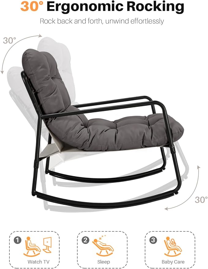 Outdoor Rocking Chair, Metal Patio Rocking Chair, Indoor Rocking Chair with Cushion, Papasan Rocking Lounge Chair, Comfy Modern Rocker Chair for Porch, Living Room, Garden, Lawn, Dark Grey
