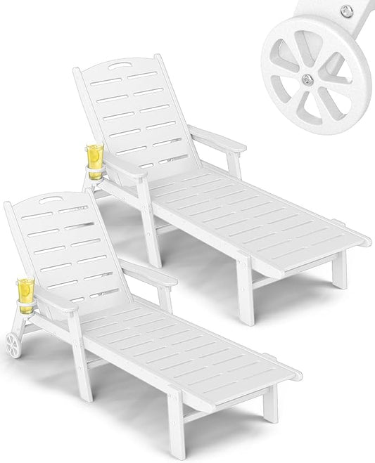 FOOWIN Chaise Lounge Chair Set of 2，HDPE Lounge Chair Outdoor with 5 Positions,Oversized Pool Lounge Chairs with Rolling Wheels & Cup Holder for Poolside Deck Backyard,White
