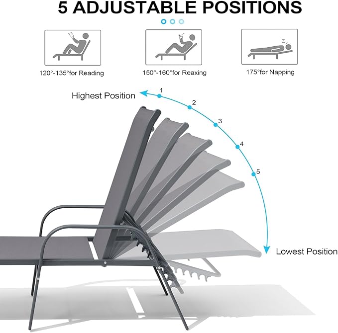 Crestlive Products Chaise Lounge Chair Outdoor with Armrests, Pool Lounge Chairs Set of 2, Aluminum Adjustable 5 Positions Sun Tanning Lounger for Patio, Poolside, Yard, Deck, Backyard (Grey)