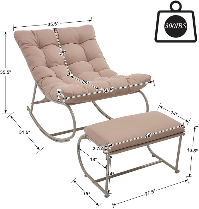 Rocking Chair Outdoor Set of 2, Extra Wide Outdoor Chair with Cushion, Patio Rocking Chairs with Ottoman, Patio Papasan Rocking Chairs for Porch, Garden, Lawn, Khaki