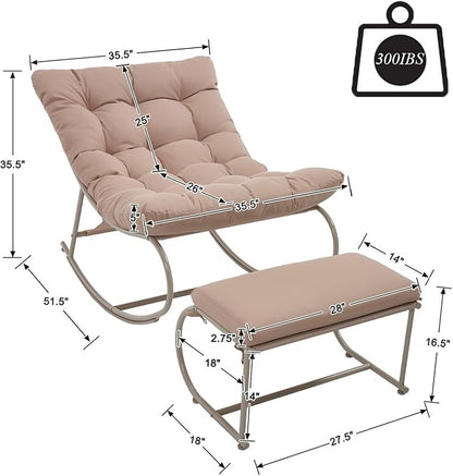 Rocking Chair Outdoor Set of 2, Extra Wide Outdoor Chair with Cushion, Patio Rocking Chairs with Ottoman, Patio Papasan Rocking Chairs for Porch, Garden, Lawn, Khaki