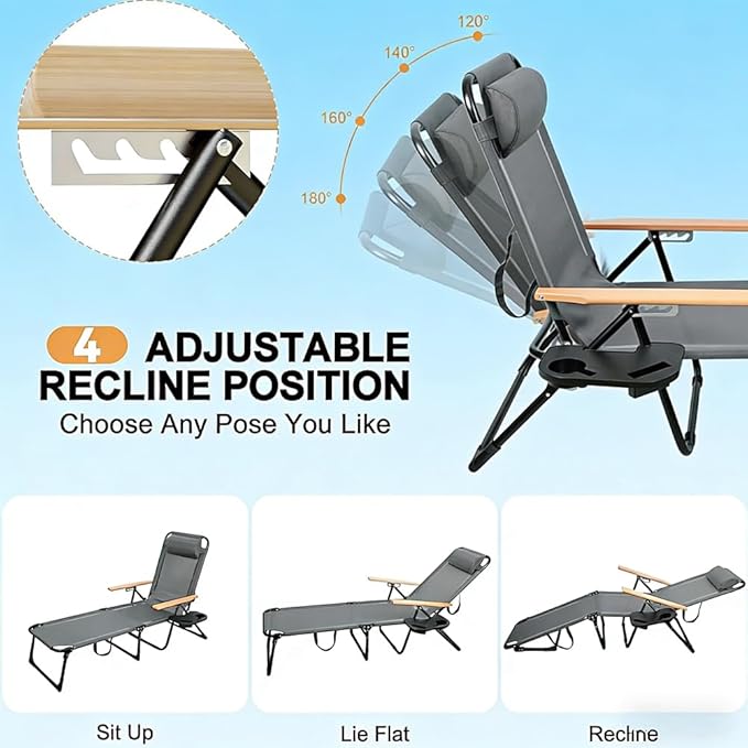 Folding Outdoor Chaise Lounge Chair with Arms, 4 Position Sunbathing Lounge Chair with Shade - Photo 4