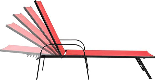 DUMOS 5-Position Foldable Adjustable Chaise Lounge Chair with Armrests, Sturdy Metal Frame Outdoor Sun Recliner for Patio, Backyard, Poolside, Classic Red