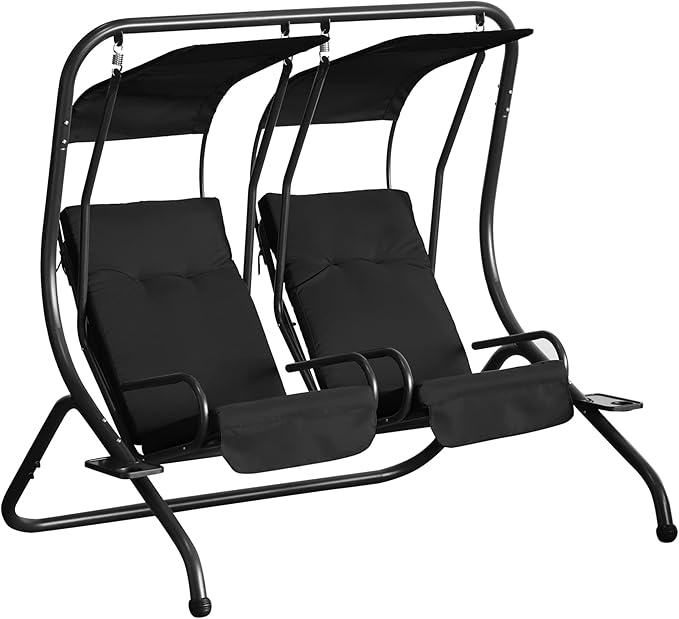 Outsunny Patio Swing Chair with 2 Separate Seats, Outdoor Swing Glider with Removable Canopy and Cup Holders, for Porch - Photo 1