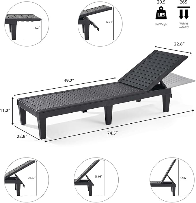 Nestl Patio Chairs - Black Chaise Lounge Chair Outdoor, 5-Position Adjustable Sun Tanning Chair - Photo 3