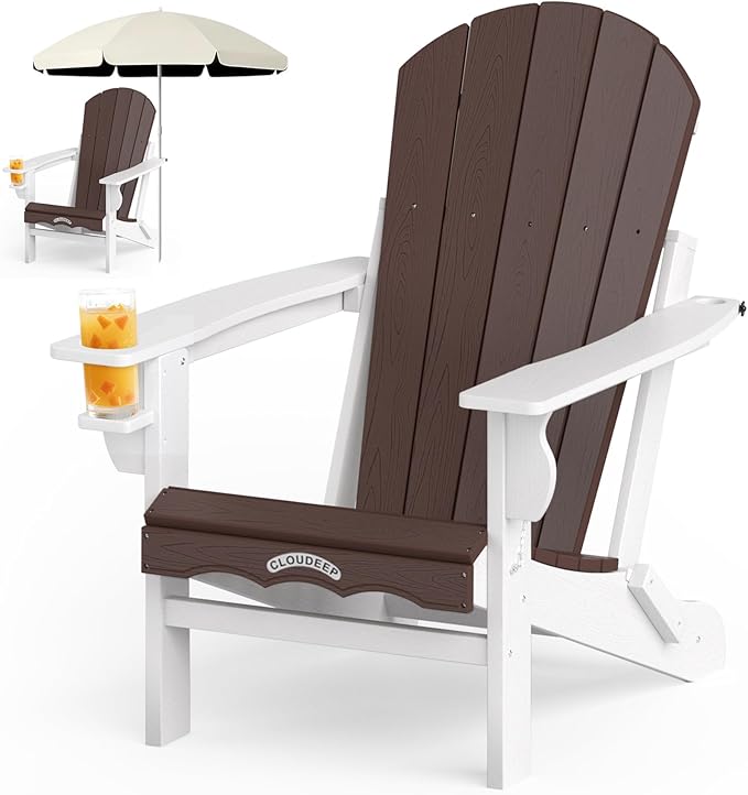 Folding Adirondack Chair –Recyclable HDPE Outdoor Adirondack Patio Chair with Cup Holder, Wood Texture & Umbrella Hole - Photo 1