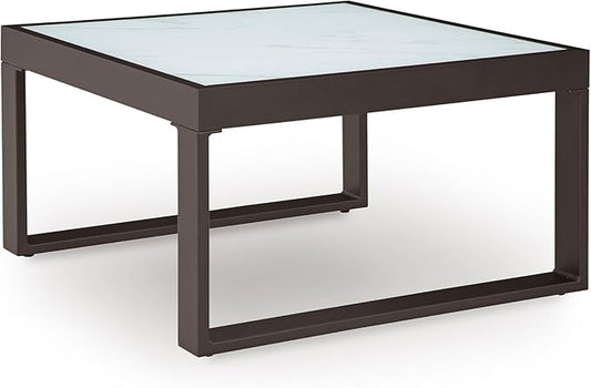 Signature Design by Ashley Beachloft Casual Glass Tabletop Outdoor Coffee Table with Sled Base, Gray & Black