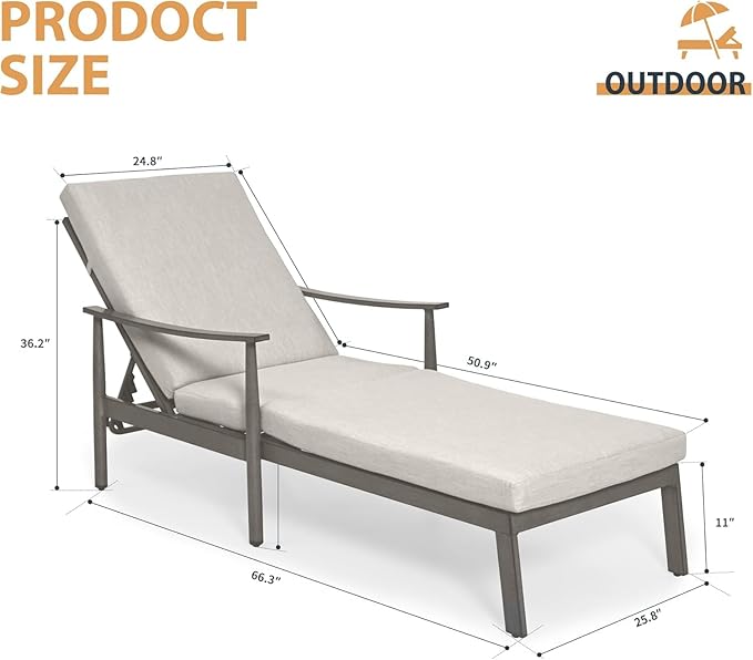 HAPPATIO Outdoor Chaise Lounge Chair Set of 2, Aluminum Pool Chair with Adjustable Backrest and Cushion, Curved Armrest, Outdoor Lounge Chair for Beach, Yard, Poolside (Grey)