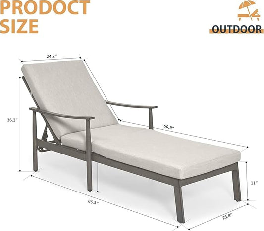HAPPATIO Outdoor Chaise Lounge Chair Set of 2, Aluminum Pool Chair with Adjustable Backrest and Cushion, Curved Armrest, Outdoor Lounge Chair for Beach, Yard, Poolside (Grey)