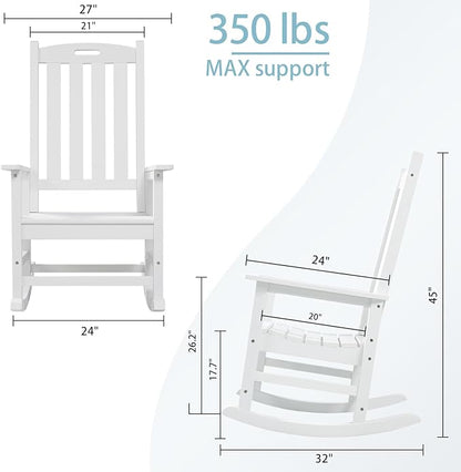 Psilvam Oversized Outdoor Rocking Chair Set of 2, Porch Rocker with 21" Wide Seat and 32" Tall Backrest, Pre-Assembled with Most Components for Effortless Installation (White)