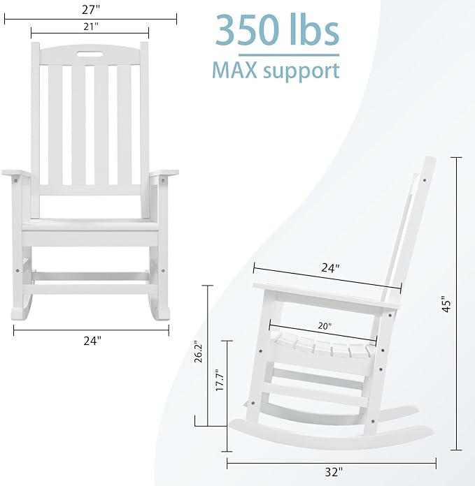 Psilvam Oversized Outdoor Rocking Chair, with 21" Wide Seat and 32" Tall Backrest, Pre-Assembled with Most Components for Effortless Installation (White)