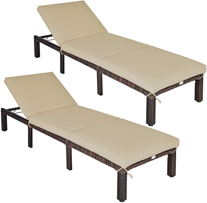 Tangkula Rattan Wicker Chaise Lounge, Outdoor Patio Lounger Recliner w/Adjustable Backrest, Heavy-Duty Reclining Sunbed with Thick Zippered Cushion for Garden Yard Patio (2, Brown)