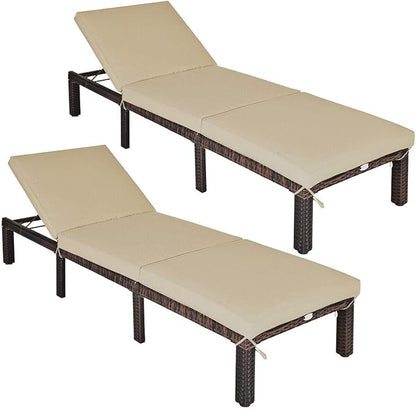 Tangkula Rattan Wicker Chaise Lounge, Outdoor Patio Lounger Recliner w/Adjustable Backrest, Heavy-Duty Reclining Sunbed with Thick Zippered Cushion for Garden Yard Patio (2, Brown)