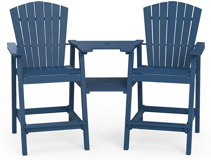 Kingdura Tall Adirondack Chairs Set of 2 with Removable Connecting Tray & 2" Umbrella Hole, Weather-Resistant HDPE Bar Height Outdoor Chairs, Wood-Look Balcony Bar Stools for Patio, Deck (Navy Blue)