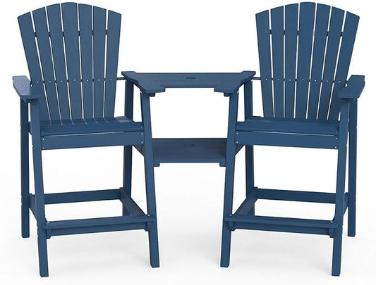 Kingdura Tall Adirondack Chairs Set of 2 with Removable Connecting Tray & 2" Umbrella Hole, Weather-Resistant HDPE Bar Height Outdoor Chairs, Wood-Look Balcony Bar Stools for Patio, Deck (Navy Blue)