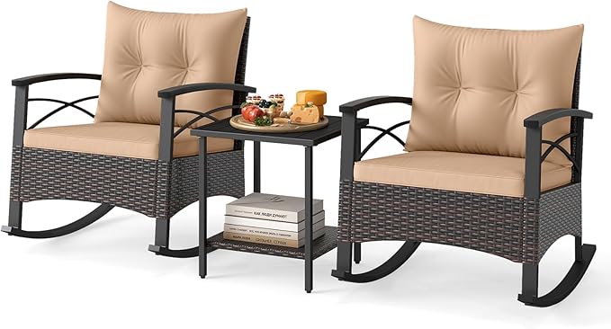 ORALNER 3-Piece Wicker Rocking Chair Set, Outdoor Cushioned Rocker and Acacia Wood Side Table, 400lbs Capacity, PE Rattan Patio Conversation Bistro Set for Porch, Garden, Deck, Poolside, Yard (Beige)