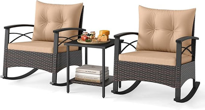 ORALNER 3-Piece Wicker Rocking Chair Set, Outdoor Cushioned Rocker and Acacia Wood Side Table, 400lbs Capacity, PE Rattan Patio Conversation Bistro Set for Porch, Garden, Deck, Poolside, Yard (Beige)