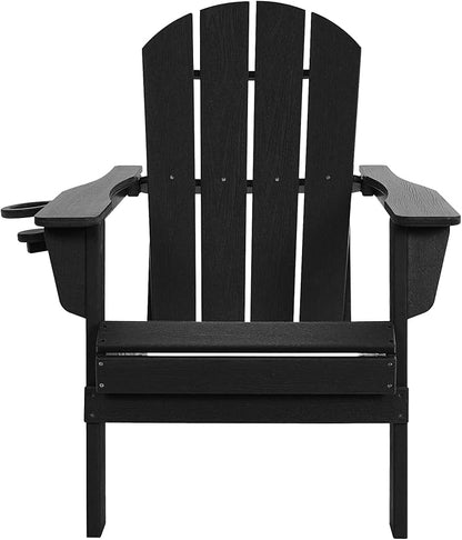 Folding Adirondack Chair with Cup Holder, HDPE All-Weather Folding Patio Chair, Outdoor Patio Adirondack Chair for Lawn Porch Garden Backyard Deck Fire Pit, Black