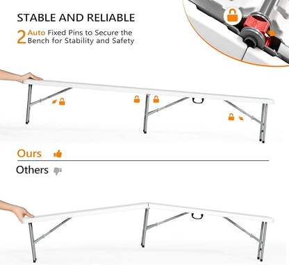 VINGLI 6 feet Plastic Folding Bench,Portable in/Outdoor Picnic Party Camping Dining Seat, Garden Soccer Multipurpose Entertaining Activities, Smooth HDPE Tabletop (2, White, 8ft)