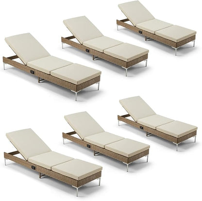 HOMREST Outdoor Chaise Lounge Chair Set of 6, Patio Wicker Lounge Chair with Adjustable Backrest, Rattan Pool Recliner with Removable Cushion Suitable for Outside Khaki