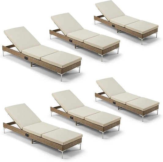 HOMREST Outdoor Chaise Lounge Chair Set of 6, Patio Wicker Lounge Chair with Adjustable Backrest, Rattan Pool Recliner with Removable Cushion Suitable for Outside Khaki