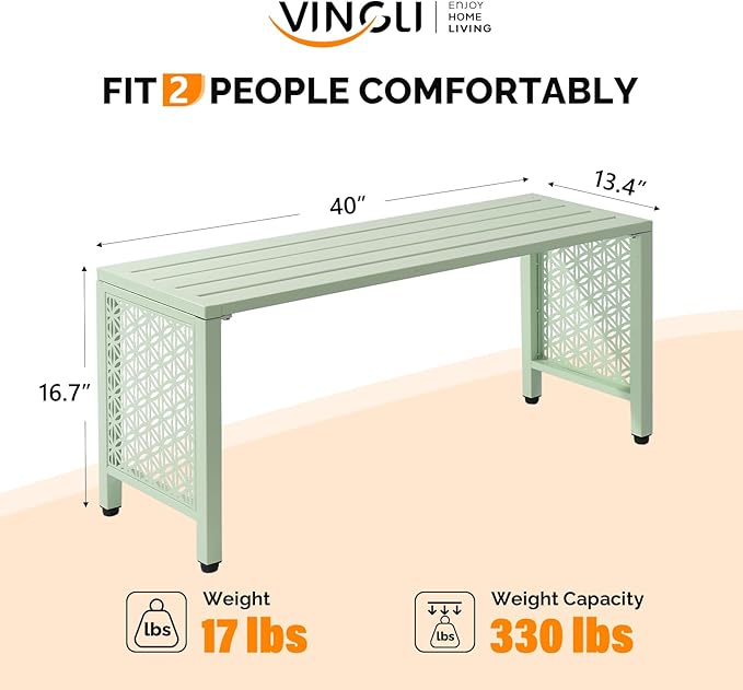 VINGLI 40in Outdoor Metal Bench, All-Weathe Backless Patio Bench with Slatted Seat＆Floral Side Panels - Photo 3
