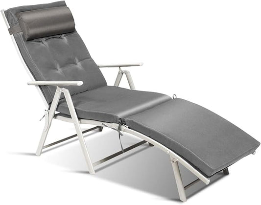 Tangkula Outdoor Folding Chaise Lounge Chair, Lightweight Recliner Chair w/ 7 Adjustable Backrest Positions, Patio Reclining Beach w/Removable Cushion & Pillow for Patio Poolside No Assembly Required