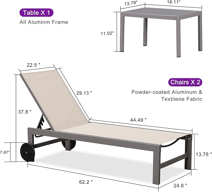 PURPLE LEAF Outdoor Lounge Chair Set for 2 Patio Chaise Lounger with Aluminum Frame and Easy-to-Move Wheels All-Weather Pool Lounge Chairs for Outside Garden Yard Poolside Table Included, Khaki
